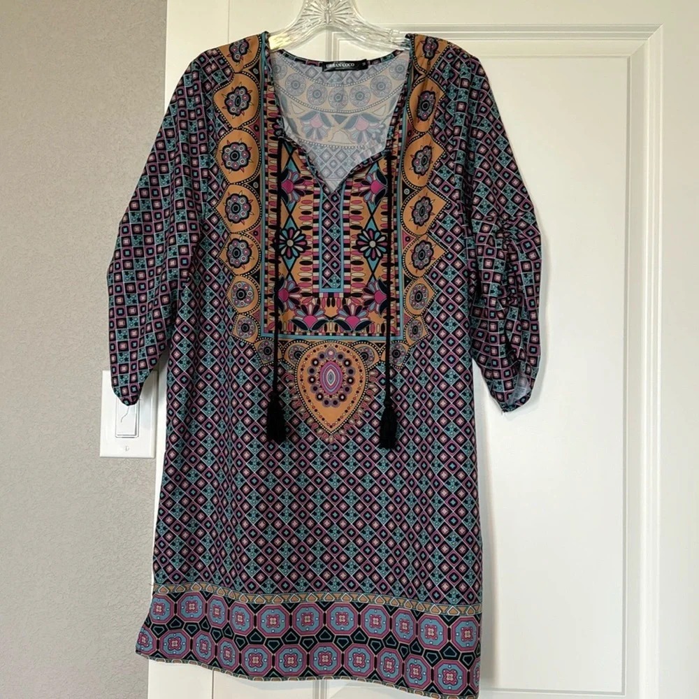 URBAN COCO Bohemian Geometric Print Tassel V-Neck 3/4‎ Sleeve Shift Dress M